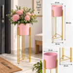 Pink Ceramic Planter with Gold Hairpin Leg Stand for Indoor Plant Display - Image 4