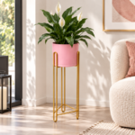 Pink Ceramic Planter with Gold Hairpin Leg Stand for Indoor Plant Display - Image 3