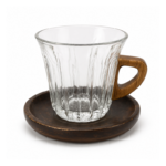 Ribbed Glass Cup with Wood Handle and Matching Wooden Saucer