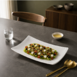 White Ceramic Curved Rectangular Serving Plate with Fine Beaded Edge for Appetizers and Desserts - Image 2
