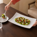 White Ceramic Curved Rectangular Serving Plate with Fine Beaded Edge for Appetizers and Desserts - Image 3
