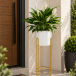 White Ceramic Planter with Gold Hairpin Leg Stand for Indoor Plant Display - Image 4