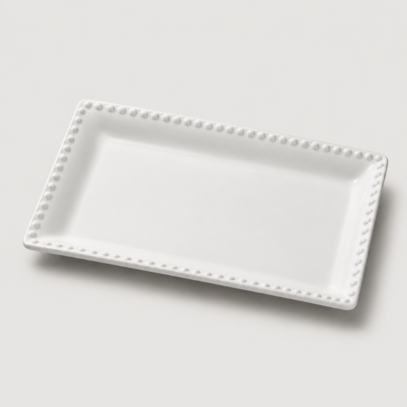 White Ceramic Rectangular Serving Plate with Beaded Rim for Appetizers and Table Serving - Rectangle (1) White Ceramic Rectangular Serving Plate with Beaded Rim for Appetizers and Table Serving - Image 1
