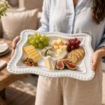 White Ceramic Rectangular Serving Plate with Beaded Rim for Appetizers and Table Serving - Image 6
