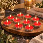 10 Piece Red Tea Light Candle Set in Silver-Tone Cups for Home Decor Parties and Holiday Tables - Image 2
