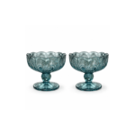 2 Piece 220ml Teal Blue Glass Ice Cream Cup Set with Embossed Peacock Feather Design Scalloped Rim and Footed Stem for Desserts