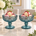 2 Piece 220ml Teal Blue Glass Ice Cream Cup Set with Embossed Peacock Feather Design Scalloped Rim and Footed Stem for Desserts - Image 2