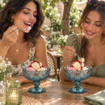 2 Piece 220ml Teal Blue Glass Ice Cream Cup Set with Embossed Peacock Feather Design Scalloped Rim and Footed Stem for Desserts - Image 3