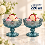 2 Piece 220ml Teal Blue Glass Ice Cream Cup Set with Embossed Peacock Feather Design Scalloped Rim and Footed Stem for Desserts - Image 4