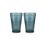 2 Piece 245ml Hobnail Glass Tumbler Set with Raised Star Motif and Beaded Rim in Aqua Blue Tint for Juice and Cold Drinks