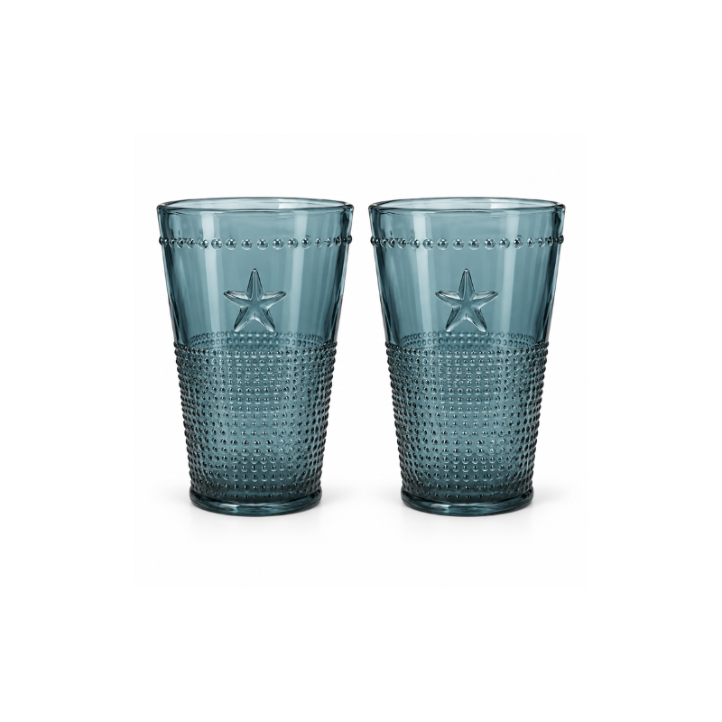 2 Piece 245ml Hobnail Glass Tumbler Set with Raised Star Motif and Beaded Rim in Aqua Blue Tint for Juice and Cold Drinks (1) 2 Piece 245ml Hobnail Glass Tumbler Set with Raised Star Motif and Beaded Rim in Aqua Blue Tint for Juice and Cold Drinks - Image 1
