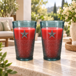 2 Piece 245ml Hobnail Glass Tumbler Set with Raised Star Motif and Beaded Rim in Aqua Blue Tint for Juice and Cold Drinks - Image 2