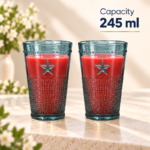 2 Piece 245ml Hobnail Glass Tumbler Set with Raised Star Motif and Beaded Rim in Aqua Blue Tint for Juice and Cold Drinks - Image 3