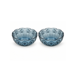 2 Piece 280ml Blue Glass Bowl Set with Embossed Peacock Feather Design and Scalloped Rim for Desserts Snacks and Dips