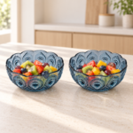 2 Piece 280ml Blue Glass Bowl Set with Embossed Peacock Feather Design and Scalloped Rim for Desserts Snacks and Dips - Image 2