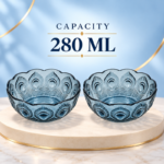 2 Piece 280ml Blue Glass Bowl Set with Embossed Peacock Feather Design and Scalloped Rim for Desserts Snacks and Dips - Image 4