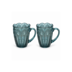 2 Piece 300ml Teal Blue Glass Mug Set with Embossed Peacock Feather Design Scalloped Rim and Handle for Juice Coffee and Tea