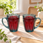 2 Piece 300ml Teal Blue Glass Mug Set with Embossed Peacock Feather Design Scalloped Rim and Handle for Juice Coffee and Tea - Image 2