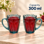 2 Piece 300ml Teal Blue Glass Mug Set with Embossed Peacock Feather Design Scalloped Rim and Handle for Juice Coffee and Tea - Image 4