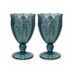 2 Piece 330ml Teal Blue Glass Goblet Set with Embossed Peacock Feather Design and Scalloped Rim for Juice and Cold Drinks