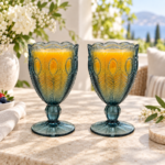 2 Piece 330ml Teal Blue Glass Goblet Set with Embossed Peacock Feather Design and Scalloped Rim for Juice and Cold Drinks - Image 2