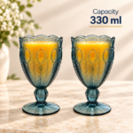 2 Piece 330ml Teal Blue Glass Goblet Set with Embossed Peacock Feather Design and Scalloped Rim for Juice and Cold Drinks - Image 4