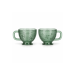 2 Piece 360ml Green Glass Cup Set with Handles Footed Base and Embossed Clover and Butterfly Designs for Coffee and Tea
