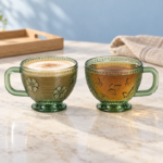 2 Piece 360ml Green Glass Cup Set with Handles Footed Base and Embossed Clover and Butterfly Designs for Coffee and Tea - Image 2