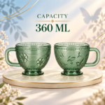 2 Piece 360ml Green Glass Cup Set with Handles Footed Base and Embossed Clover and Butterfly Designs for Coffee and Tea - Image 4