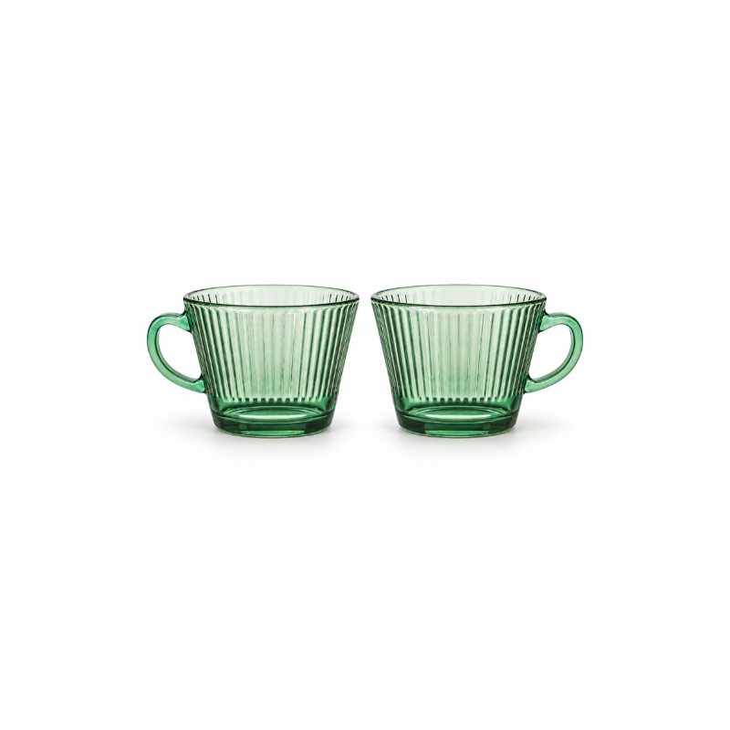 2 Piece 400ml Green Fluted Glass Cup Set with Handles and Wide Tapered Shape for Coffee Tea and Breakfast Drinks (1) 2 Piece 400ml Green Fluted Glass Cup Set with Handles and Wide Tapered Shape for Coffee Tea and Breakfast Drinks - Image 1