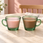 2 Piece 400ml Green Fluted Glass Cup Set with Handles and Wide Tapered Shape for Coffee Tea and Breakfast Drinks - Image 2