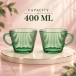 2 Piece 400ml Green Fluted Glass Cup Set with Handles and Wide Tapered Shape for Coffee Tea and Breakfast Drinks - Image 4