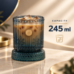 245ml Fluted Glass Tumbler with Gold Medallion Beaded Trim and Embossed Leaves for Iced Coffee and Cold Drinks - Image 3