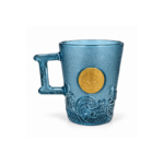 275ml Blue Glass Coffee Mug with Embossed Ocean Wave Band Ornate Handle and Gold Medallion for Coffee and Tea