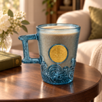 275ml Blue Glass Coffee Mug with Embossed Ocean Wave Band Ornate Handle and Gold Medallion for Coffee and Tea - Image 3