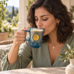 275ml Blue Glass Coffee Mug with Embossed Ocean Wave Band Ornate Handle and Gold Medallion for Coffee and Tea - Image 4