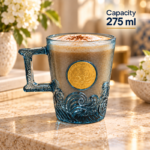 275ml Blue Glass Coffee Mug with Embossed Ocean Wave Band Ornate Handle and Gold Medallion for Coffee and Tea - Image 2