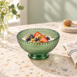 300ml Green Footed Glass Dessert Bowl with Diamond Texture Embossed Clover Flowers and Beaded Rim for Desserts and Snacks - Image 2