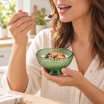 300ml Green Footed Glass Dessert Bowl with Diamond Texture Embossed Clover Flowers and Beaded Rim for Desserts and Snacks - Image 3