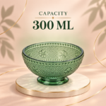 300ml Green Footed Glass Dessert Bowl with Diamond Texture Embossed Clover Flowers and Beaded Rim for Desserts and Snacks - Image 4