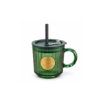 330ml Green Fluted Glass Straw Mug with Lid Gold Medallion and Loop Handle for Iced Coffee and Cold Drinks