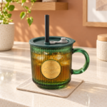 330ml Green Fluted Glass Straw Mug with Lid Gold Medallion and Loop Handle for Iced Coffee and Cold Drinks - Image 2