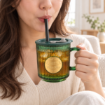 330ml Green Fluted Glass Straw Mug with Lid Gold Medallion and Loop Handle for Iced Coffee and Cold Drinks - Image 3