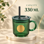 330ml Green Fluted Glass Straw Mug with Lid Gold Medallion and Loop Handle for Iced Coffee and Cold Drinks - Image 4