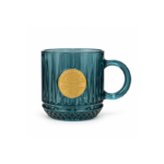 330ml Teal Blue Crystal Cut Glass Coffee Mug with Diamond Base Band Gold Medallion and Loop Handle for Coffee and Tea