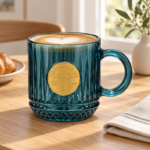 330ml Teal Blue Crystal Cut Glass Coffee Mug with Diamond Base Band Gold Medallion and Loop Handle for Coffee and Tea - Image 2