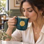 330ml Teal Blue Crystal Cut Glass Coffee Mug with Diamond Base Band Gold Medallion and Loop Handle for Coffee and Tea - Image 3