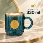 330ml Teal Blue Crystal Cut Glass Coffee Mug with Diamond Base Band Gold Medallion and Loop Handle for Coffee and Tea - Image 4