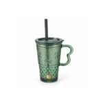 420ml Green Glass Straw Mug with Lid Wavy Handle and Embossed Clover Diamond Texture for Iced Coffee and Cold Drinks