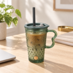 420ml Green Glass Straw Mug with Lid Wavy Handle and Embossed Clover Diamond Texture for Iced Coffee and Cold Drinks - Image 3